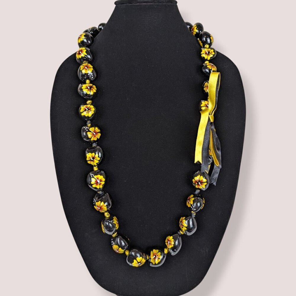 Yellow Floral Kukui Nut Necklace